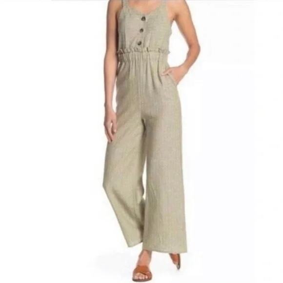 Romeo + Juliet Couture NWT Light Green Pinstripe Linen Blend Sleeveless Jumpsuit - Picture 1 of 13